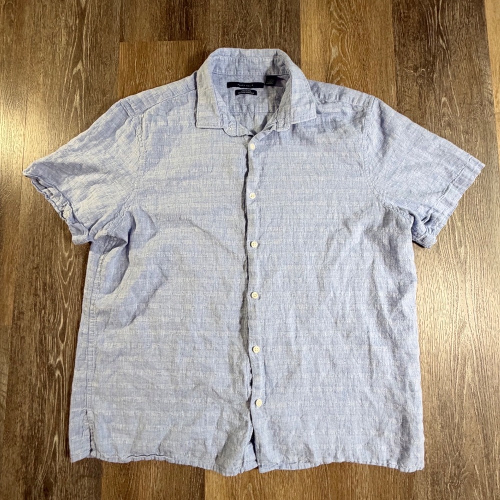 Perry Ellis Button Down Shirt Mens XL Blue Linen Blend Short Sleeve Textured